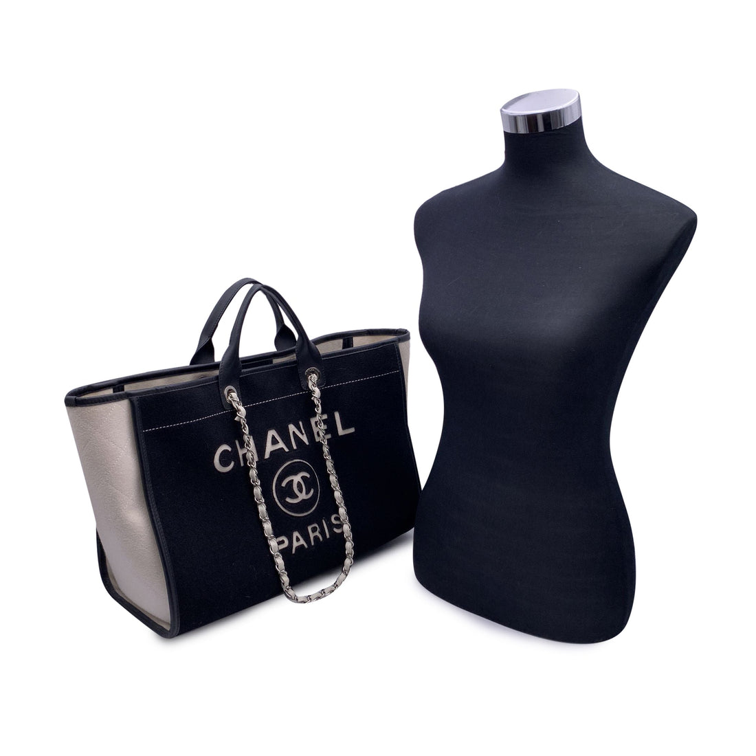 CHANEL Black And White Felt Wool Large Deauville Tote Shoulder Bag