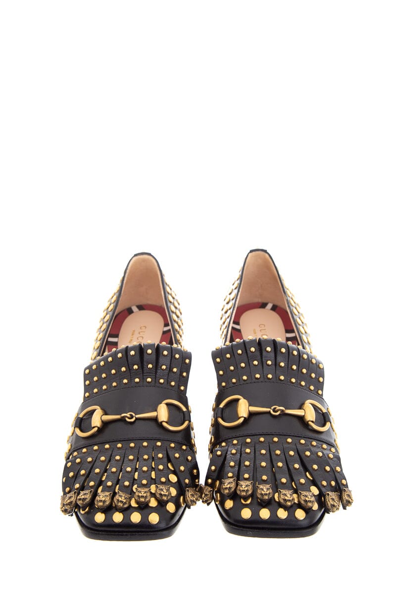 Gucci Black and Gold Studded Polly Leather Heeled Loafer SZ 38