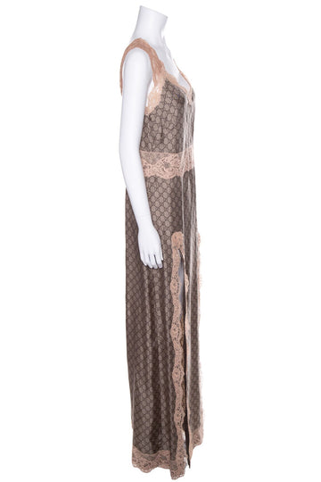 Gucci Brown Silk Interlocking GG Maxi Slip Dress SZ 40