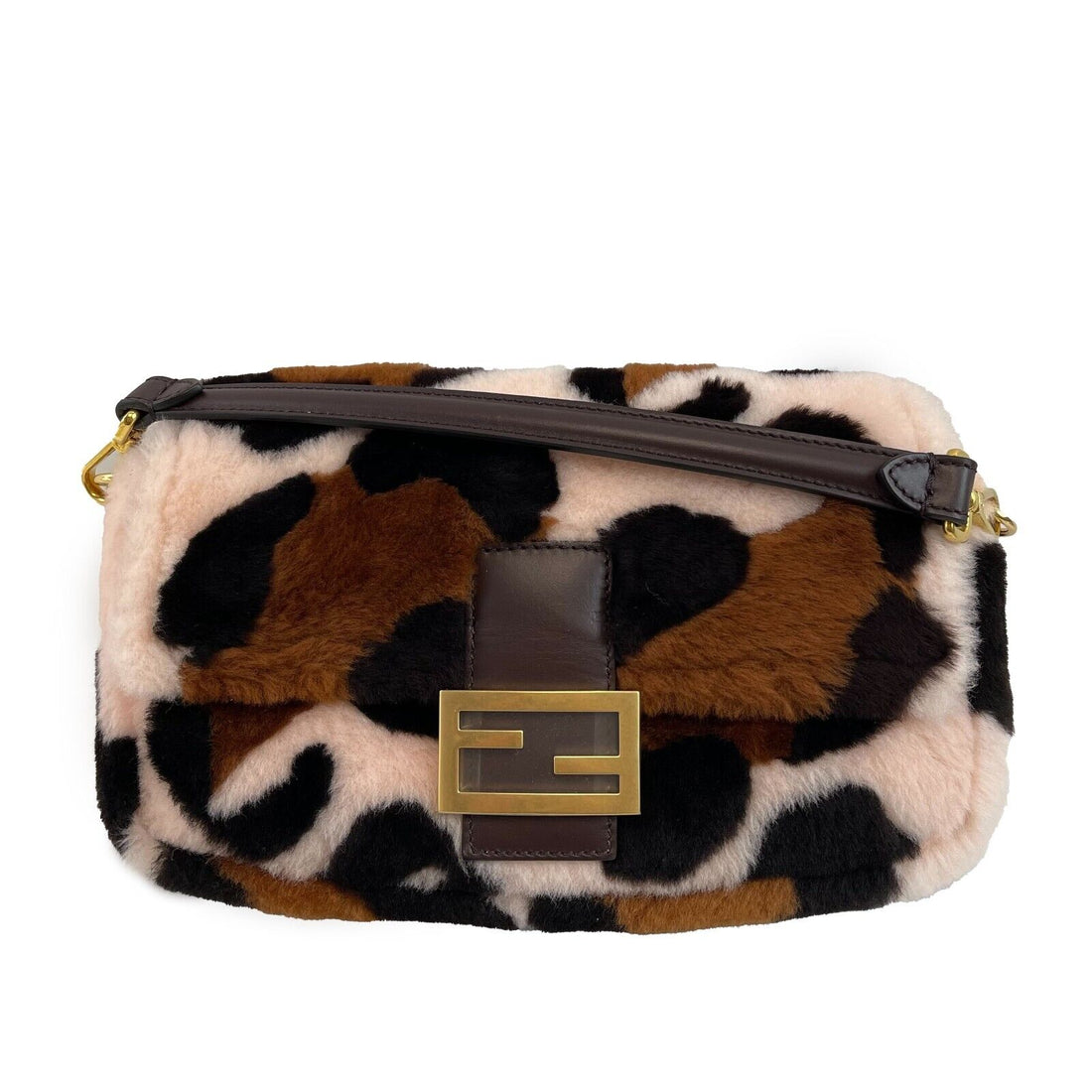 FENDI Leather Large Shearling Baguette NM Brown Pink Crossbody NEW