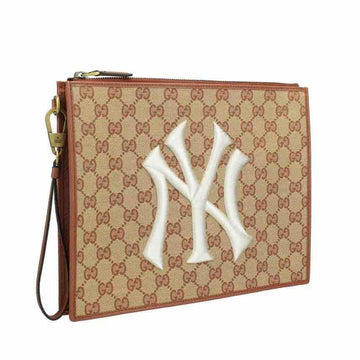 Gucci GG Supreme Canvas NY Yankees Zip Wristlet Pouch, Brown Leather