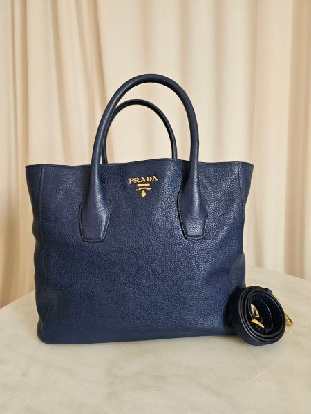 Prada Blue Vitello Daino Tote Bag