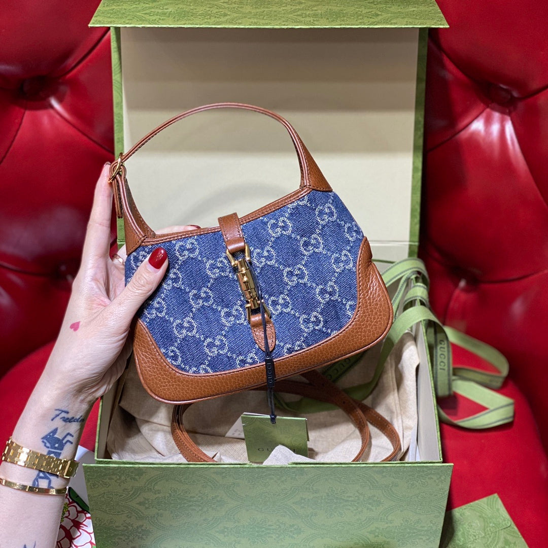 gg Jackie 1961 Mini Shoulder Bag Dark Blue And Ivory Eco Washed Organic gg Jacquard Dtlmim For Womtlm 7.5in/19cm gg 637092 2KQgg 8375