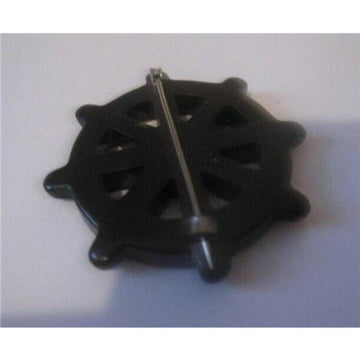 Art Deco Black Bakelite Nautical Boat Wheel Deeply Carved Pierced Brooch Pin