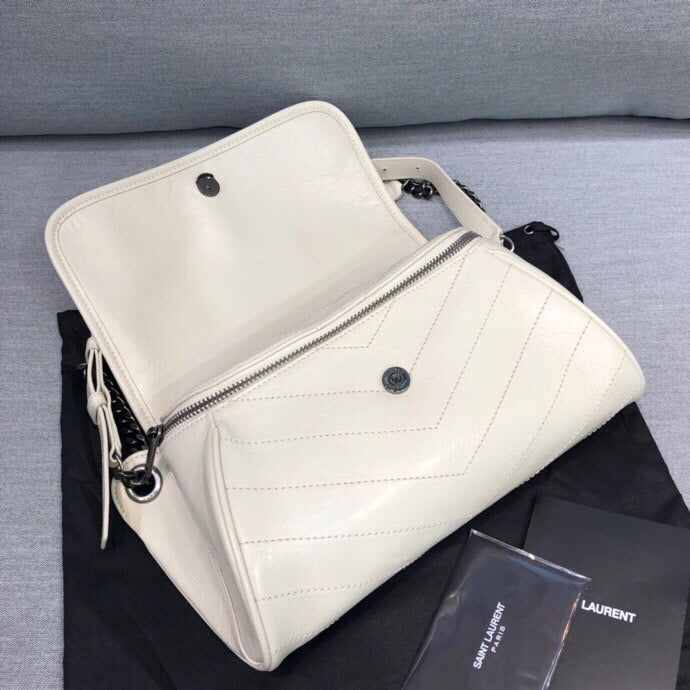 YSSL Niki Medium Crinkled Shoulder Bag White For Womtlm 11in/28cm YSL