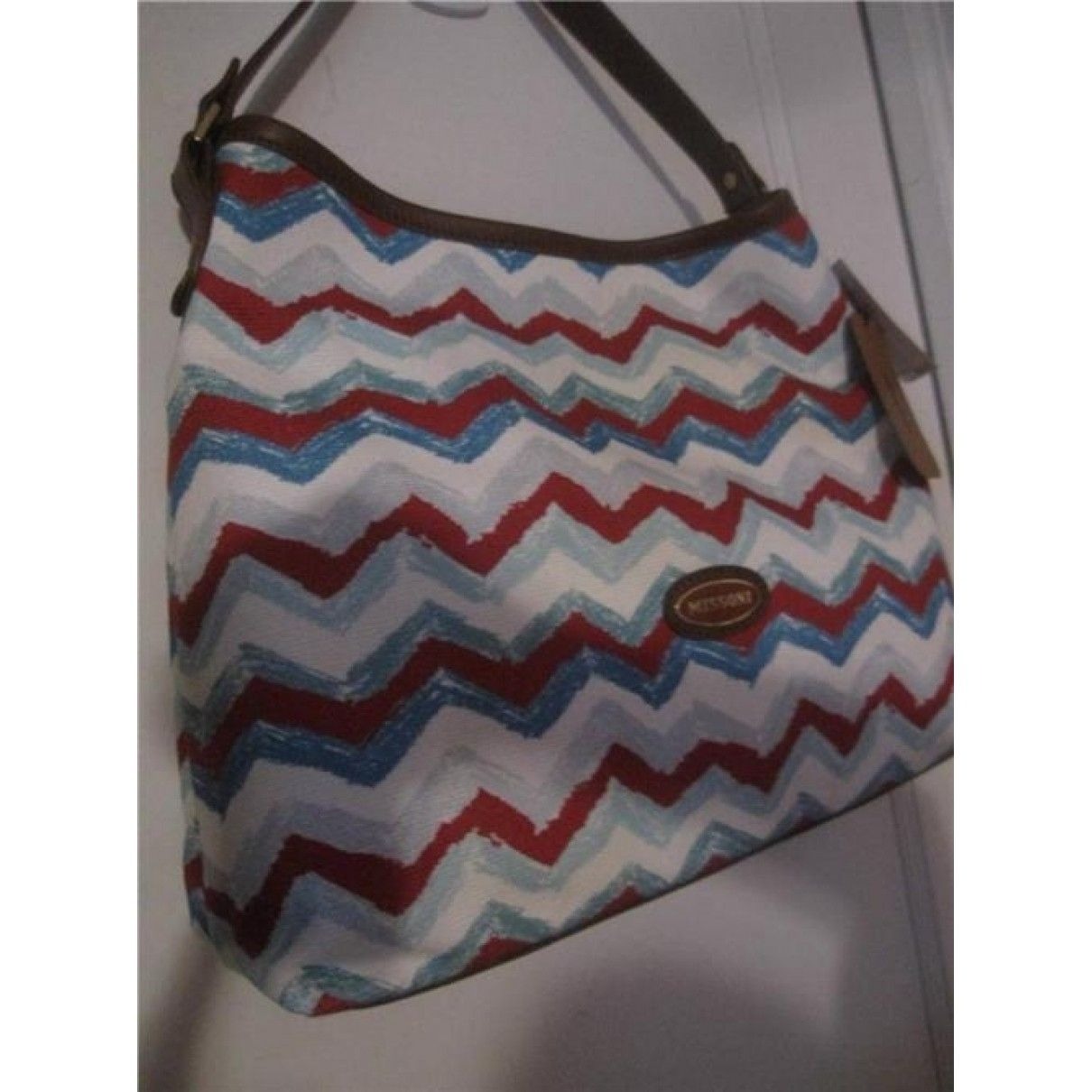AMAZING, Missoni, NWT, red/white/blue chevron print canvas and tan leather shoulder bag