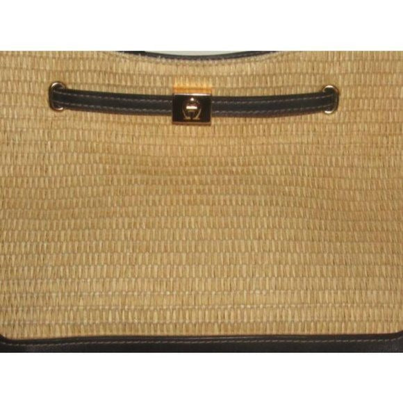 Vintage, Etienne Aigner, natural color woven raffia and navy blue leather, multi-compartment, shoulder purse