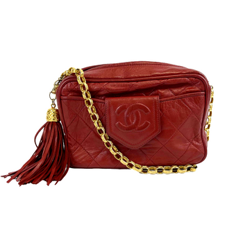 CHANEL Vintage CC Red Lambskin Gold Chain Tassel Camera Bag Crossbody