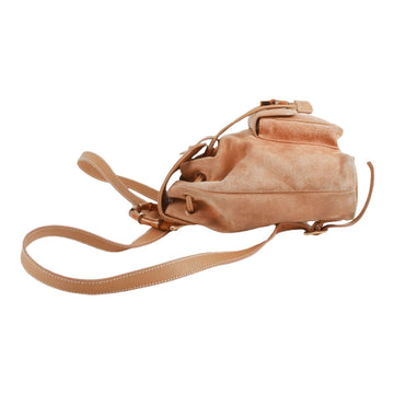 Tom Ford era, Gucci, tan colored, suede and leather, messenger bag/backpack with an exterior pocket, drawstring top, two shoulder strap