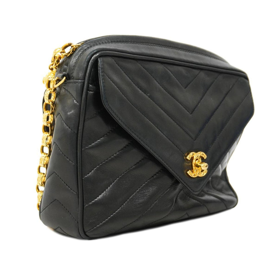 Chanel Shoulder Bag with V-stitching, Lambskin, Black, Women's