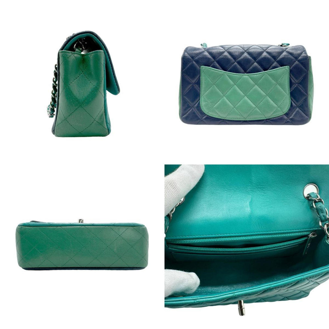 CHANEL Shoulder Bag Lambskin Green x Navy Silver Women's z1732