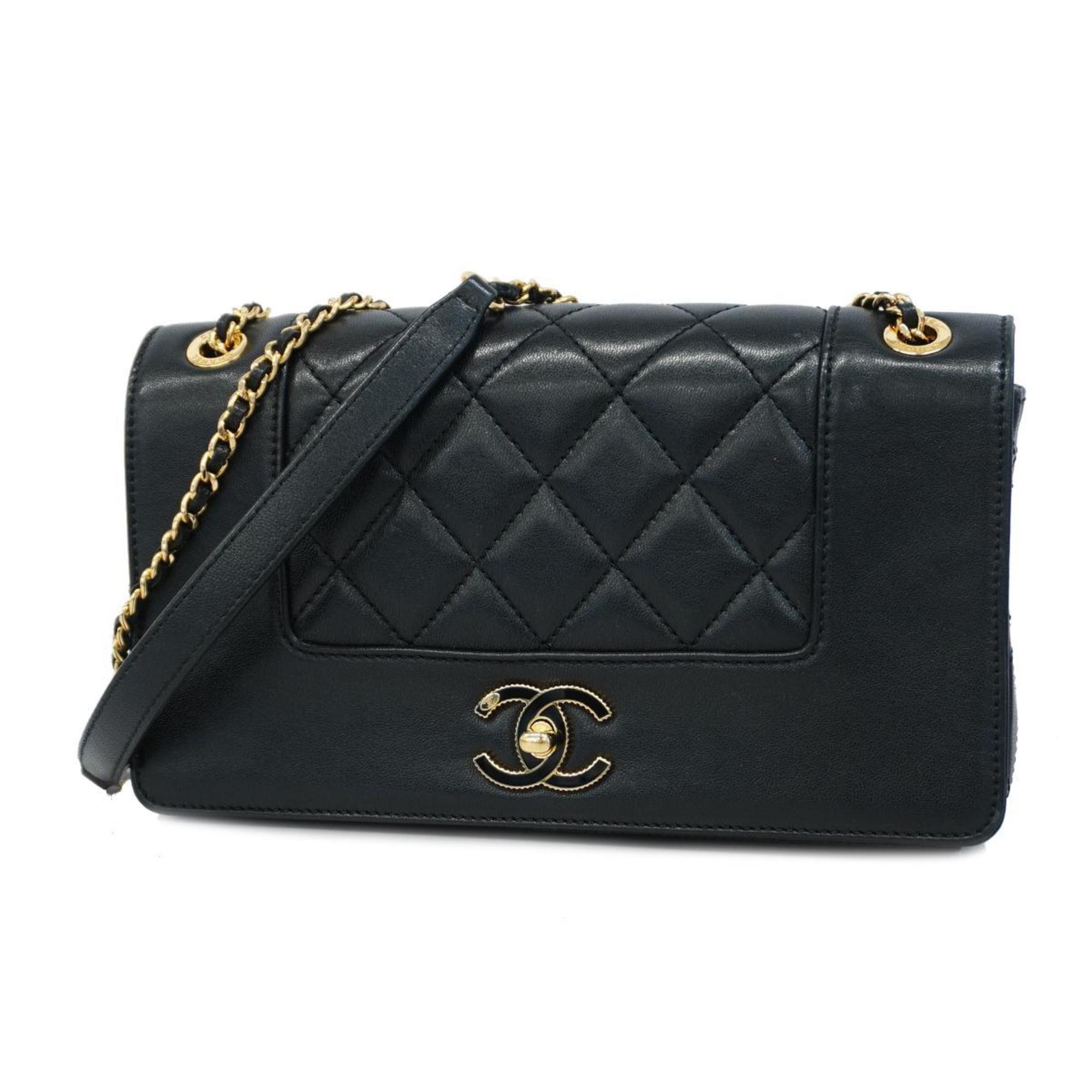Chanel Shoulder Bag Matelasse W Flap Chain Leather Black Women's