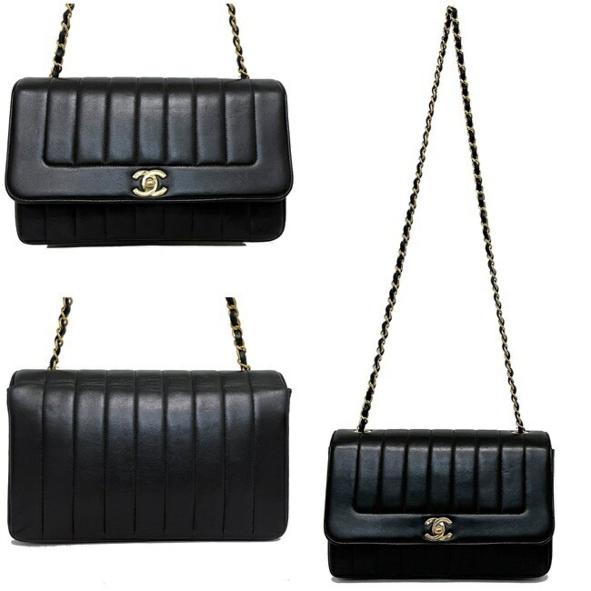Chanel Chain Shoulder Bag Black Mademoiselle Single Flap Lambskin No Seal Chanel Coco Mark Turn Lock Quilted Stripe Ladies