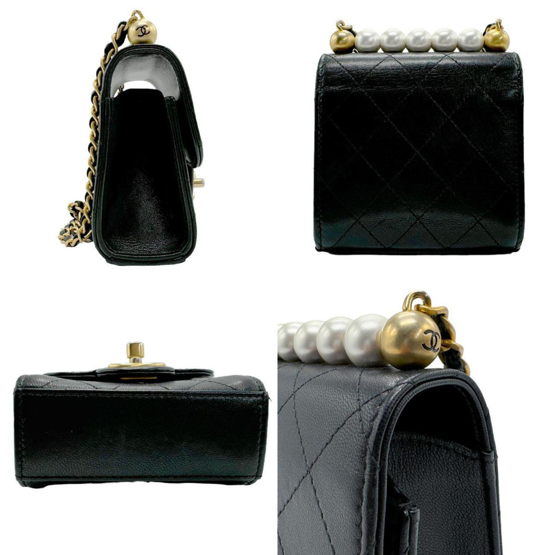 CHANEL Shoulder Bag Leather Faux Pearl Black Women's n0046