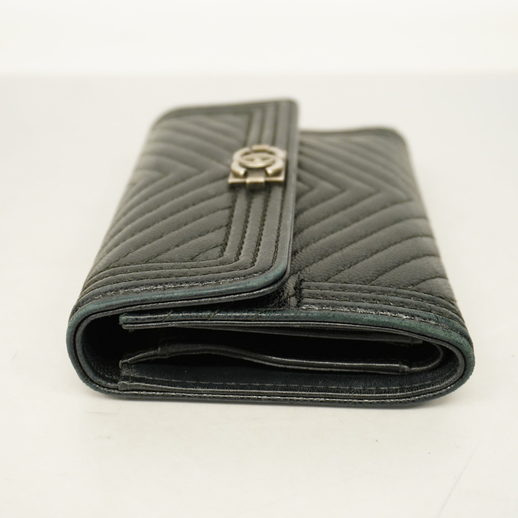 ChanelAuth  Boy  Tri-fold Wallet Silver Metal Fittings Women's Caviar