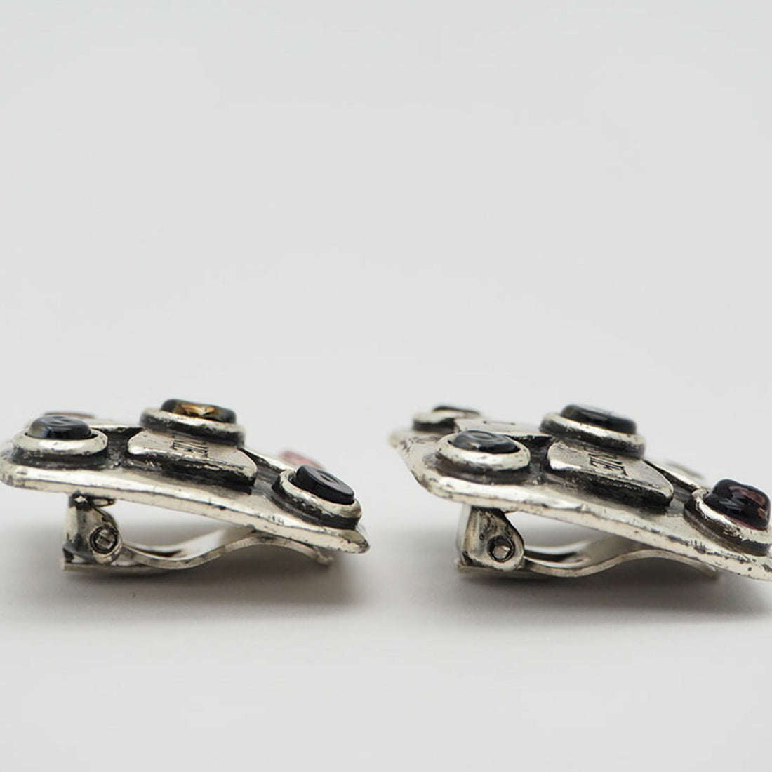 CHANEL 99A Vintage Cambon Square Color Stone Earrings Antique Silver Pink