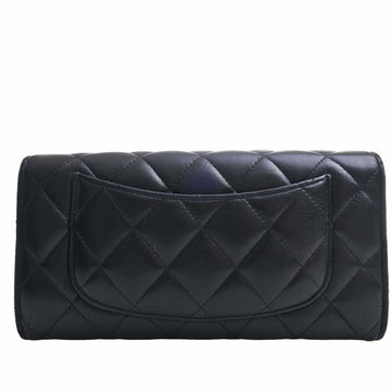 Chanel Lambskin Matelasse Coco Mark Bifold Long Wallet Black Ladies