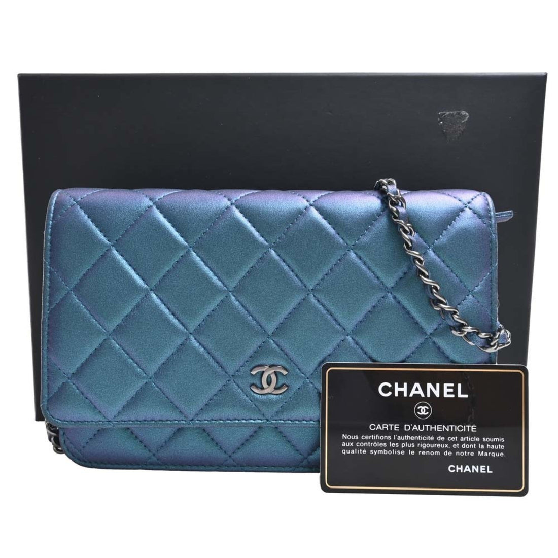Chanel Leather Matelasse Coco Mark Chain Shoulder Long Wallet Blue Ladies