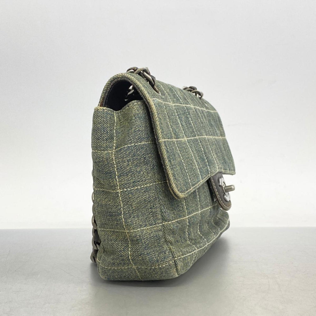 Chanel Shoulder Bag Chocolate Bar Double Chain Denim Blue Women's