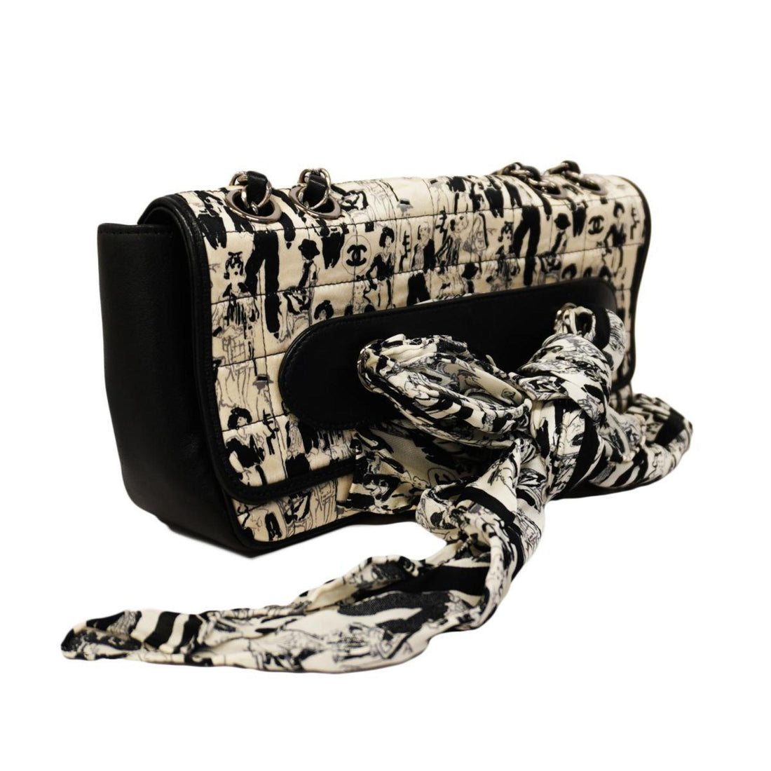 Chanel Shoulder Bag Chocolate Bar W Chain Leather Satin Black White Women's