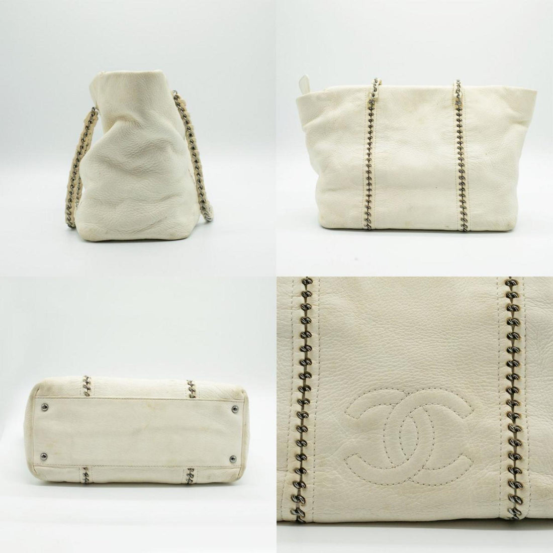 CHANEL Shoulder Bag Luxury Line Coco Mark Chain Leather White Silver Women's PD25