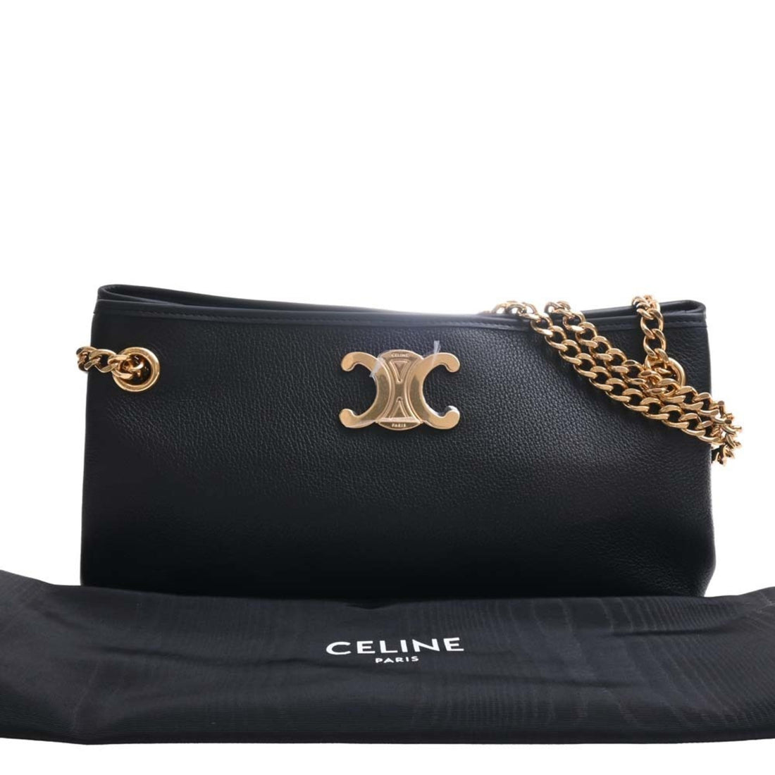 Celine Leather Medium Newspaper Triomphe Chain Shoulder Bag Black Women's