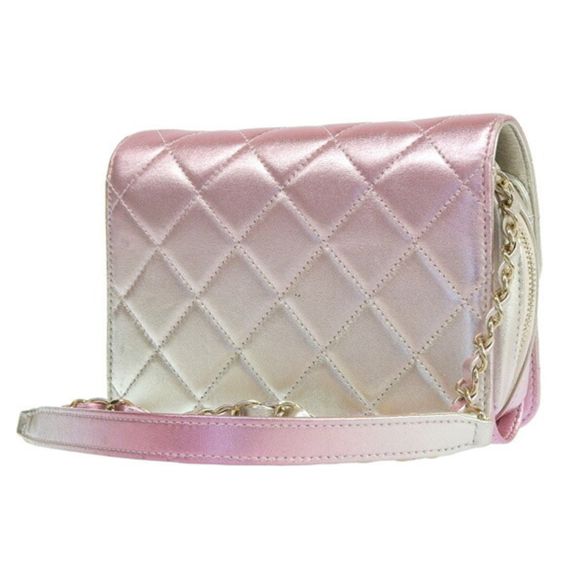 Chanel Leather Matelasse Coco Mark Chain Shoulder Bag Metallic Pink Ladies