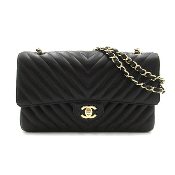 CHANEL V-stitched chain shoulder bag, lambskin, women's, black