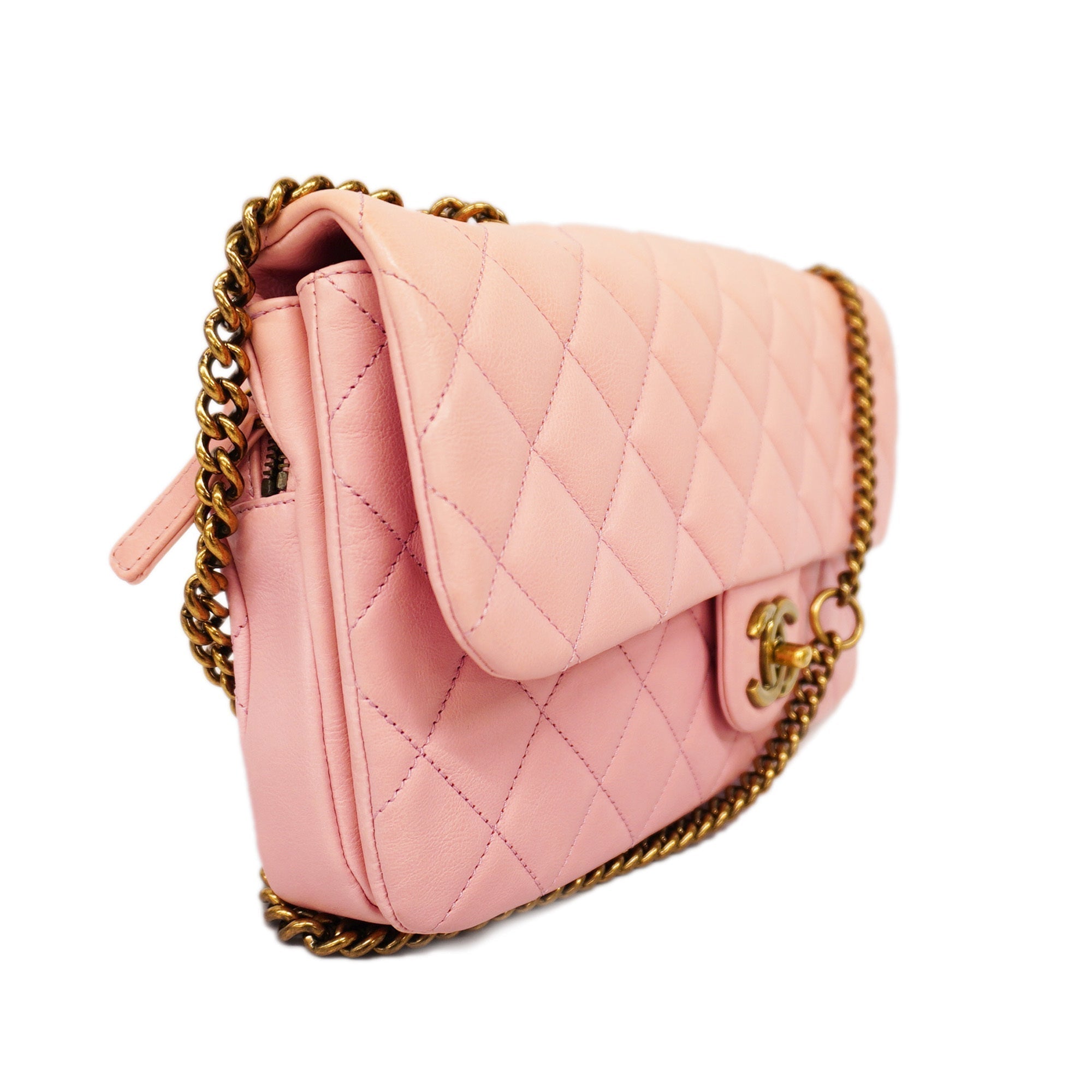 ChanelAuth  Matelasse W Flap W Chain Women's Leather Shoulder Bag Pink