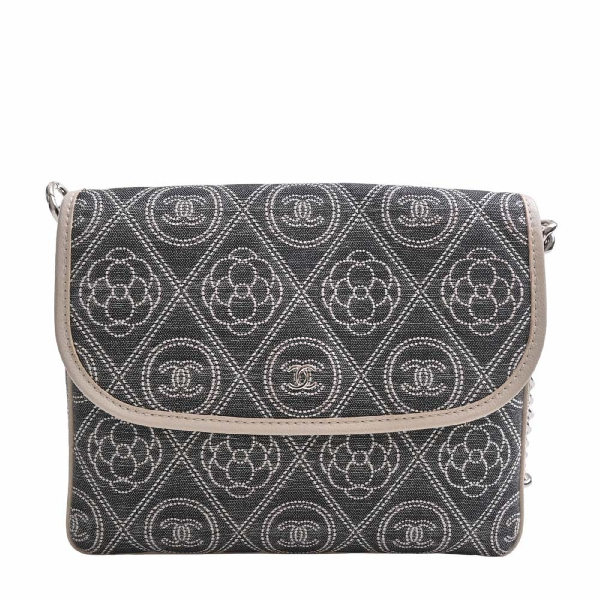 Chanel Canvas Camellia Coco Mark Chain Shoulder Bag Gray Ladies