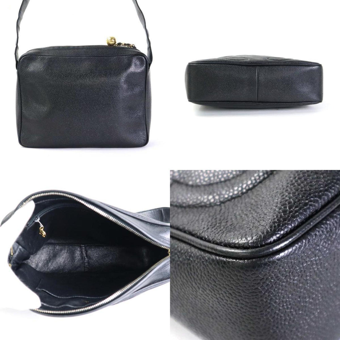 Chanel Crossbody Shoulder Bag Triple Coco Mark Caviar Skin Leather Black Gold Ladies