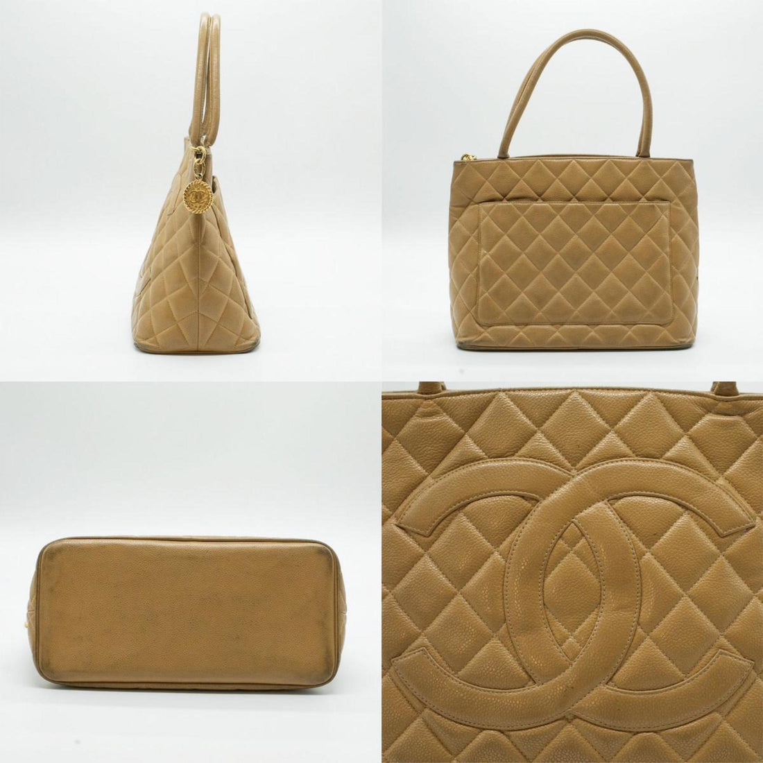 CHANEL Tote Bag Coco Mark Leather Beige Gold Women's A01804 PD32