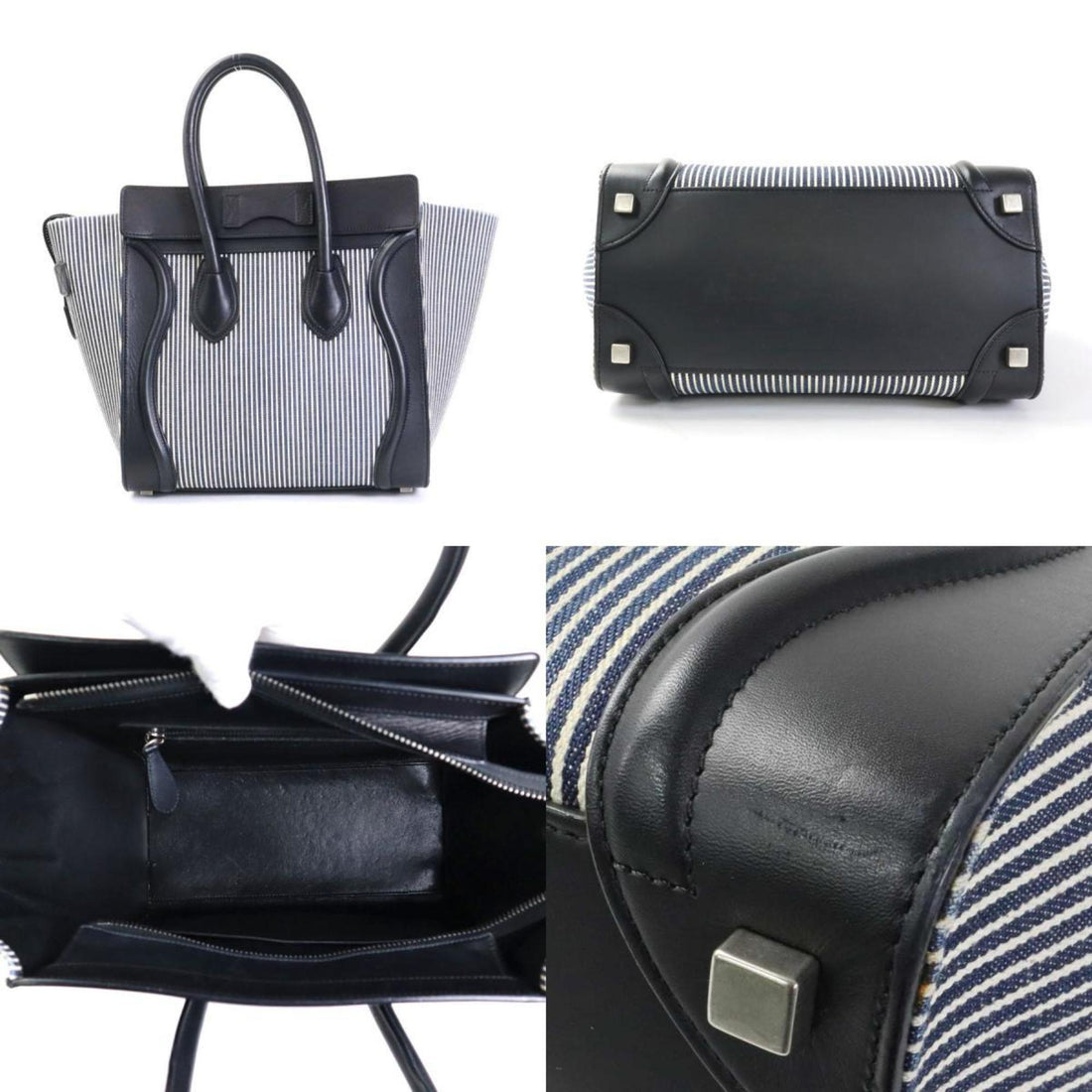Celine Handbag Luggage Micro Shopper Canvas/Leather Black x Navy White Ladies