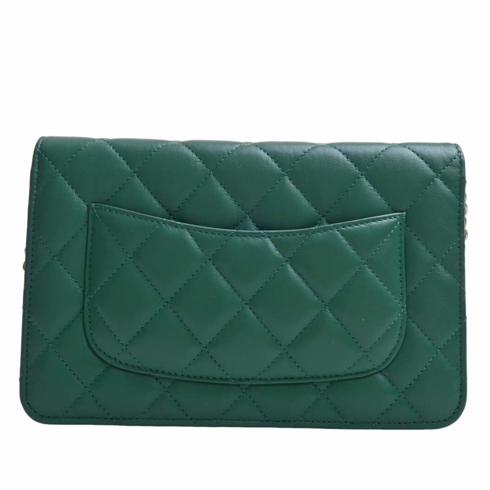 Chanel Lambskin Matelasse Coco Mark Chain Shoulder Long Wallet Green Ladies