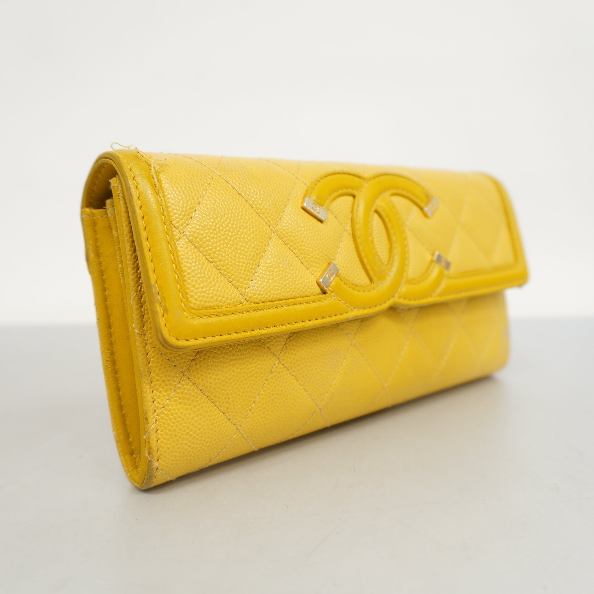 ChanelAuth  CC Filigree Gold Hardware Women's Caviar Leather Long Wallet Yellow