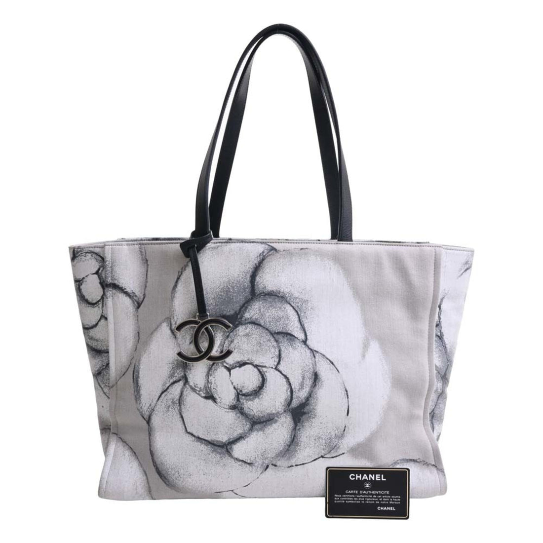 Chanel Canvas Camellia Tote Bag Black/Gray/White Women's