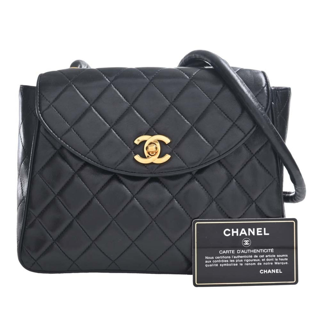 Chanel Lambskin Matelasse Coco Mark Turnlock Shoulder Bag Black Ladies