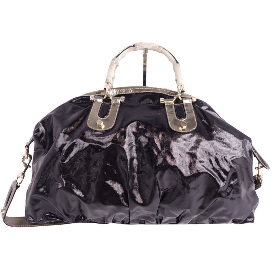 GUCCI bag 2way Boston canvas leather bamboo men's women's black/gold