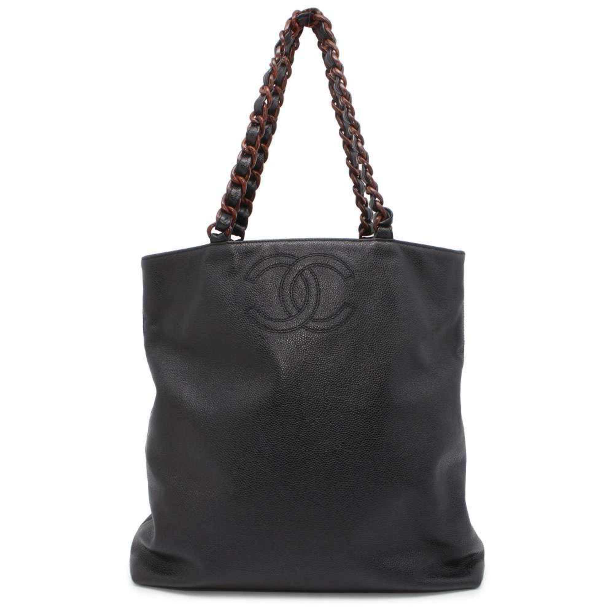Chanel Tote Bag Coco Mark Wood Grain Plastic Chain A14202 CHANEL Black Shoulder