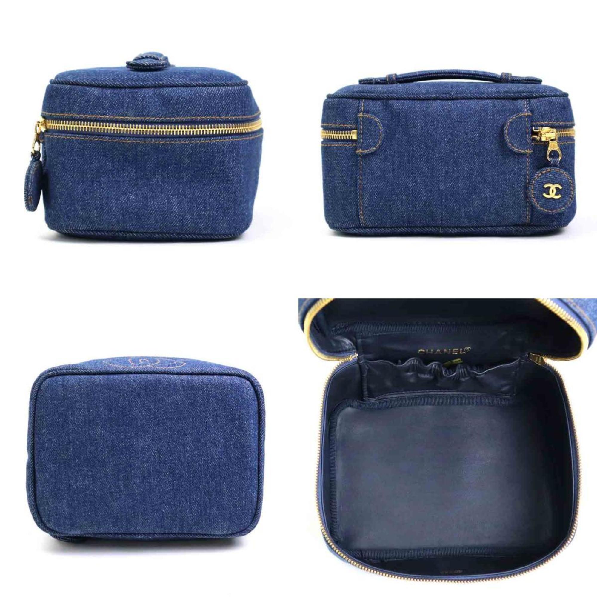 Chanel HandBag Vanity Bag Coco Mark Denim Blue Gold Women's