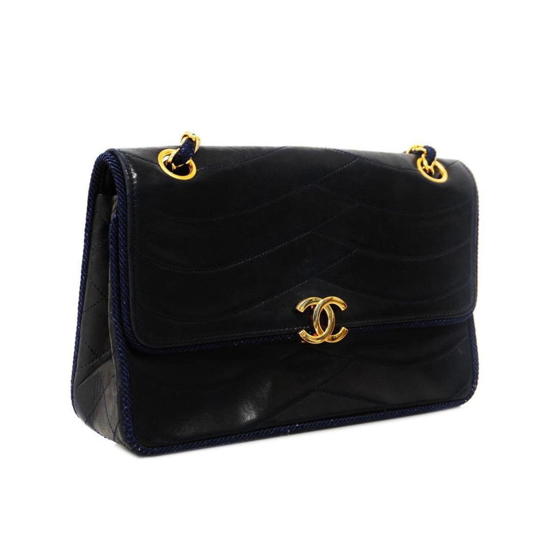 Chanel Shoulder Bag W Chain Lambskin Navy Women's