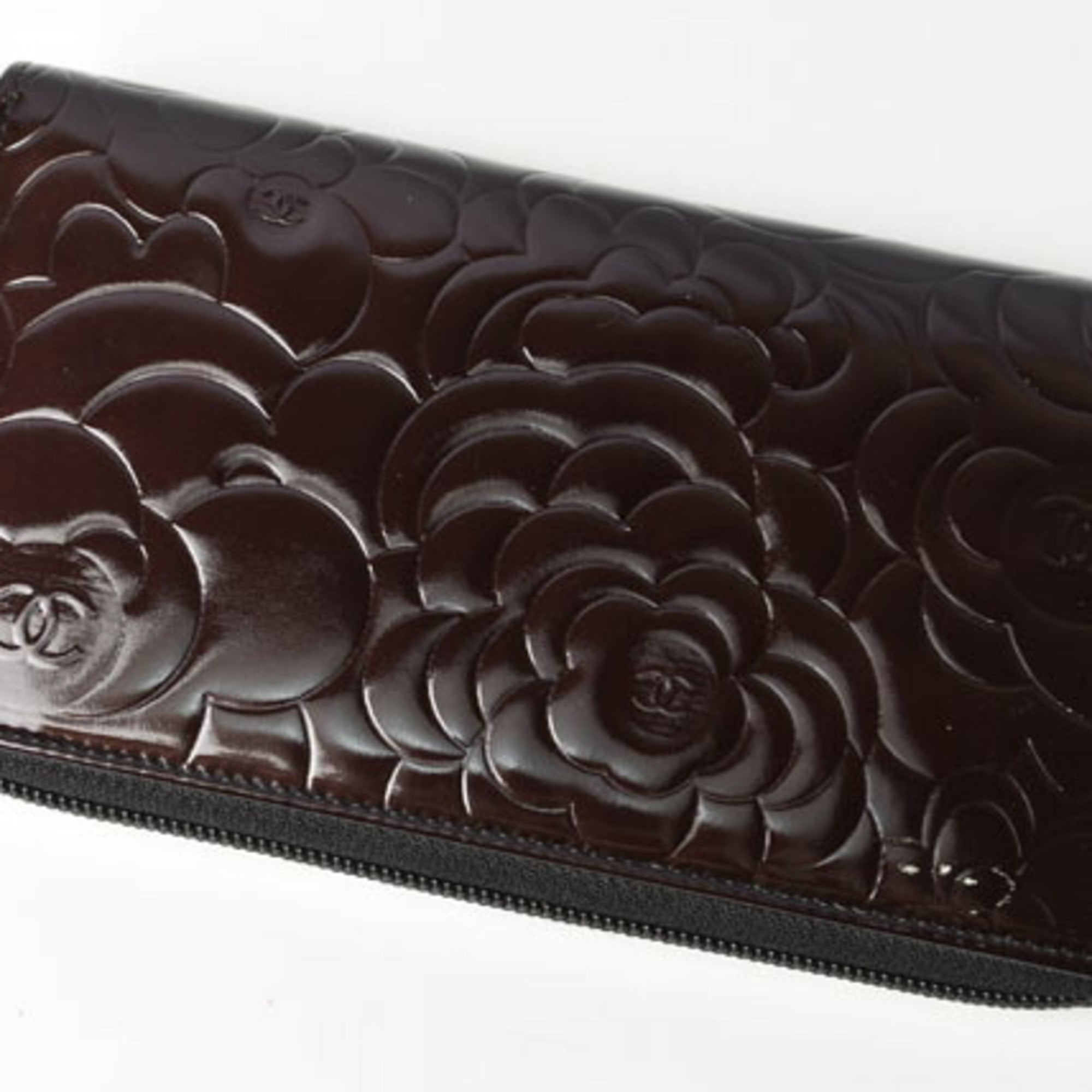 Chanel long wallet round camellia A50085 dark brown silver