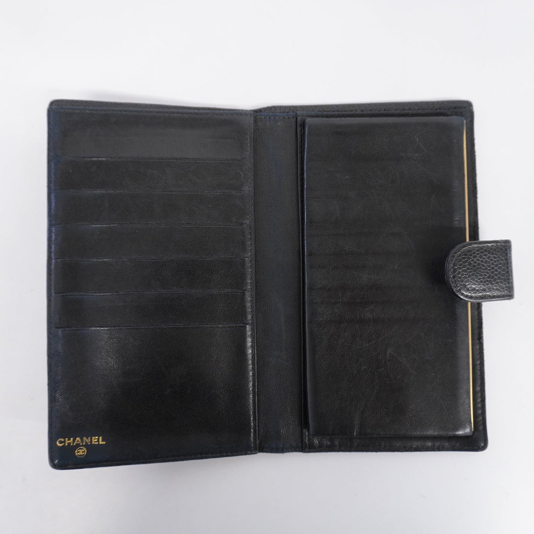 ChanelAuth  Gold Hardware Women's Caviar Leather Long Wallet Black