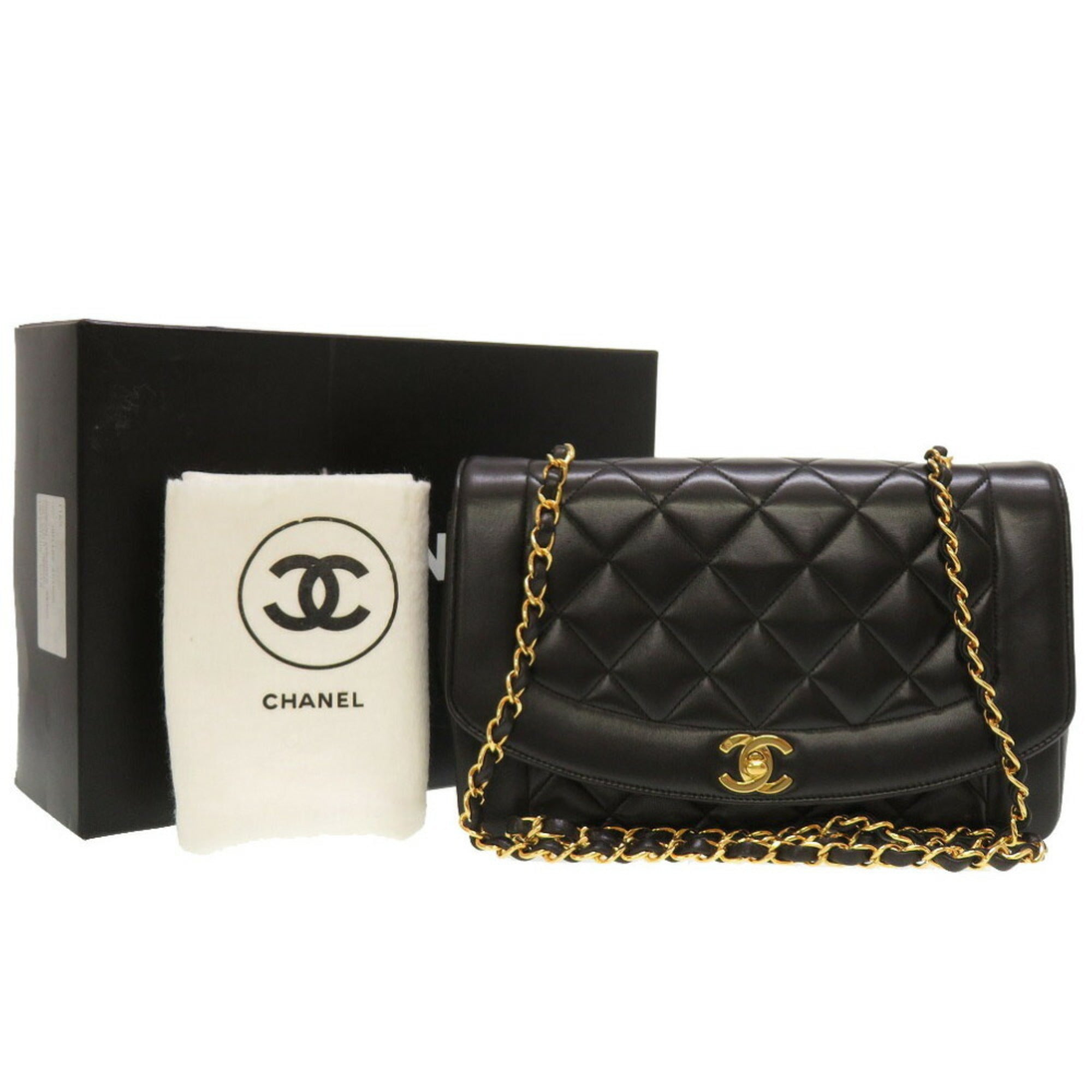 Chanel Diana 25 Matelasse No. 4 Lambskin Black Gold Chain Shoulder Bag Coco Mark