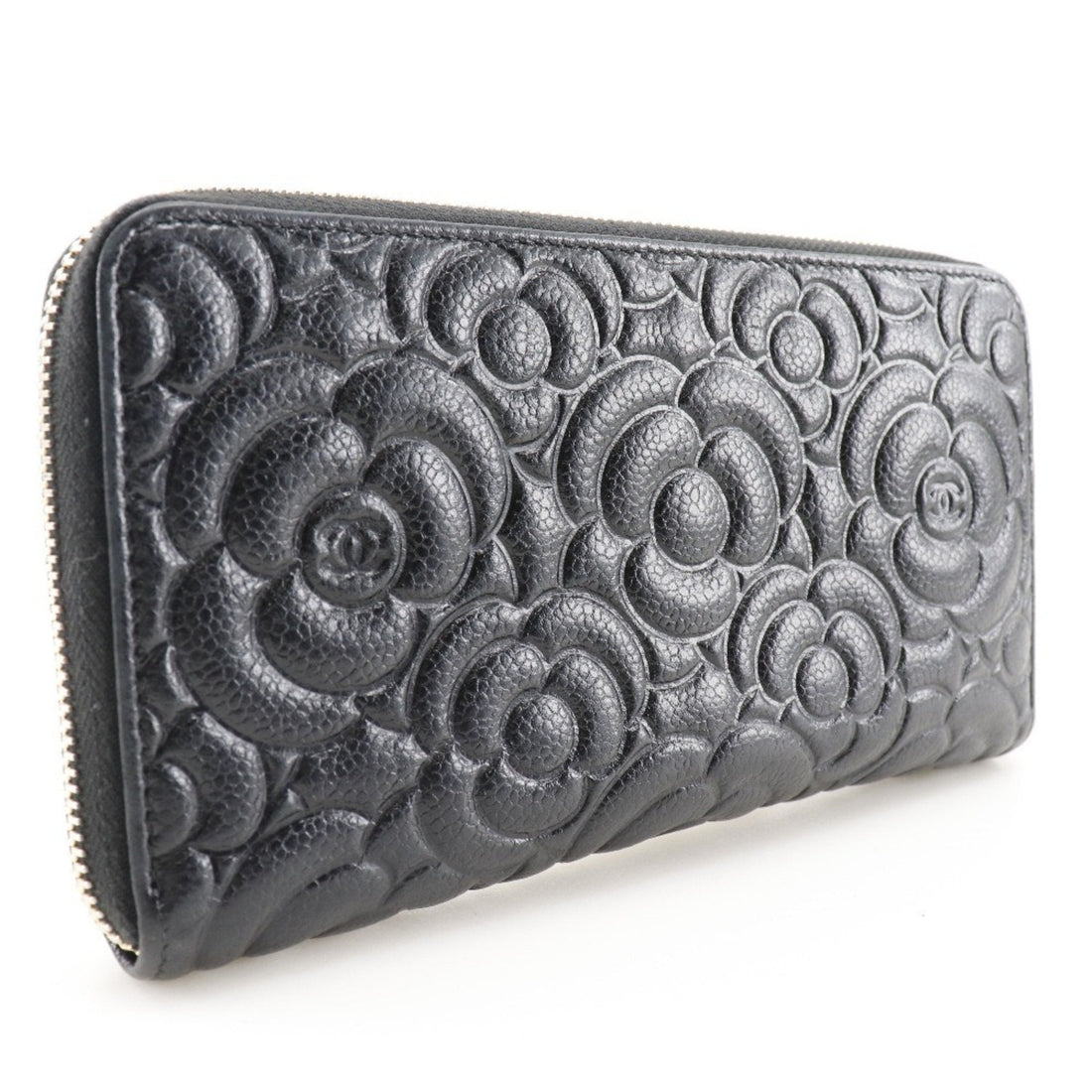 Chanel Camellia Emboss Cocomark A82281 Matte Caviar Skin Black Women's Long Wallet