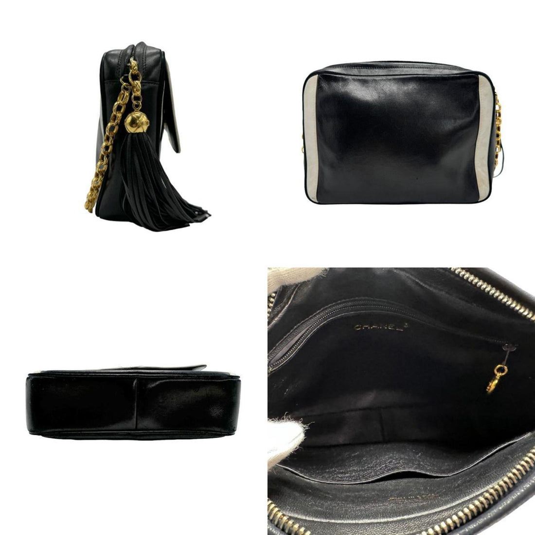 CHANEL Shoulder Bag Coco Mark Leather Metal Black White Gold Women's z1862