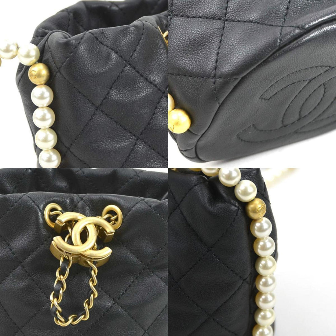 Chanel Crossbody Shoulder Bag Coco Mark Leather/Fake Pearl/Metal Black/Off-White/Gold Women's