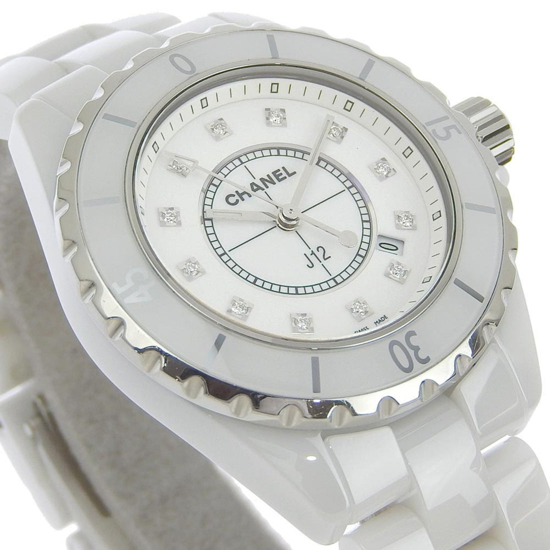 Chanel J12 watch 12P diamond H1628 white ceramic quartz analog display ladies dial