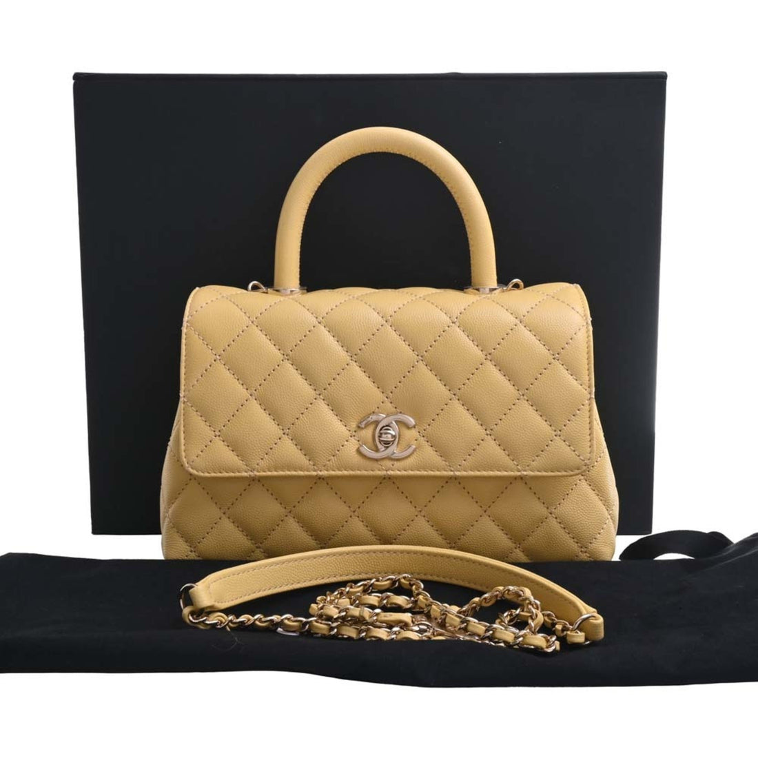 Chanel Caviar Skin Matelasse Coco Mark Chain Shoulder Bag Yellow Ladies