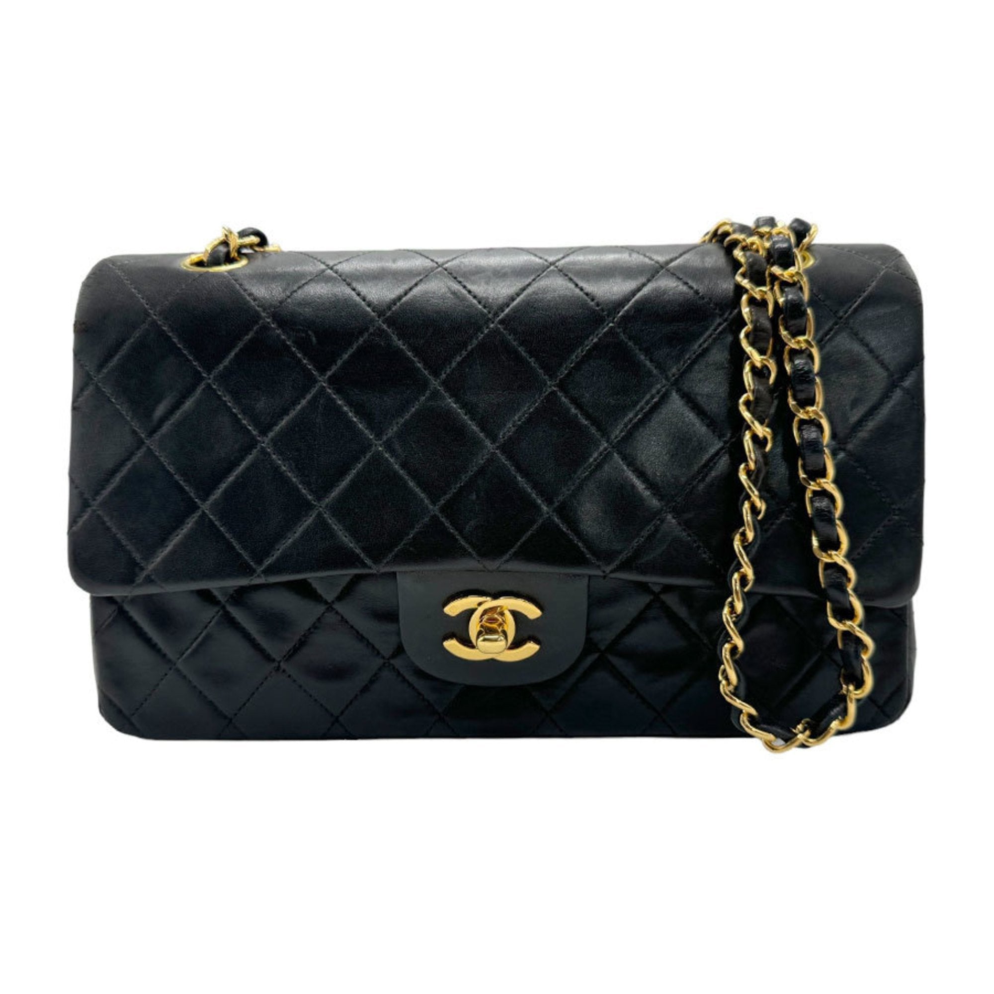 CHANEL Shoulder Bag Matelasse Double Flap Leather Metal Black Gold Women's n0121